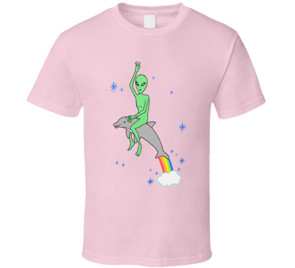 Alien Riding Rainbow Dolphin Funny Gift T Shirt