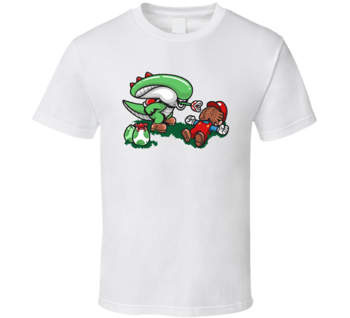 Mario Yoshi Face Hugger Xenomorph Aliens Parody T Shirt