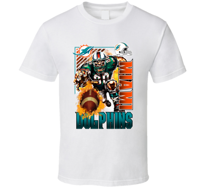 Miami Dolphins Rush 2000s 90s Retro Flaming Football T Shirt