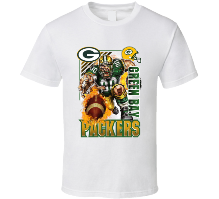 Green Bay Packers Rush 2000s 90s Retro Flaming Football T Shirt